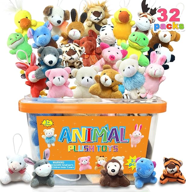 The 32Pcs Mini Plush Animals Toy Set Assortment Easter Christmas Bulk Stuffed Keychain Party Favors for Kids Small Animals Decorations Toys Carnival Prizes Birthday Goodie Bag Fillers