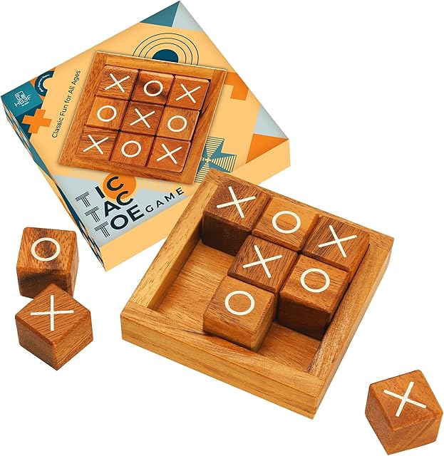 The BSIRI Tic Tac Toe for Kids and Adults Coffee Table Living Room Decor and Desk Decor Family Games Night Classic Board Games Wood Rustic for Families Size 4 Inch