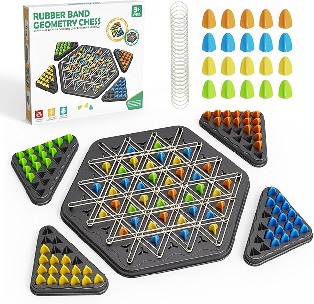 The Chain Triangle Chess Game, Strategy Board Games for Kid 6-8-12, Chess Board Games for Adults, Family Games for Kids Adults, Triangle Rubber Band Game, 2 to 4 Players, Kids Christmas Birthday Gifts