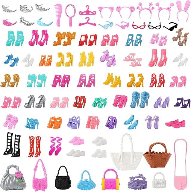 The 80 Pcs Doll Accessories Including 50 Pair of Doll Shoes High Heels, Boots, Sneakers 5 Headband 5 Glasses 10 Bag 6 Crown 2 Hangers Comb Mirrow for 11.5 inch Girl Dolls Birthday Present for Girls