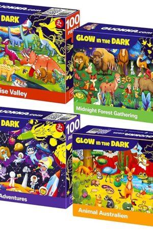 The QUOKKA 4x100 Piece Puzzles for Kids Ages 6-8 – Glow-in-The-Dark Puzzles for Kids 8-10 – Space, Dinosaurs, Animals – Fun Educational Puzzle for Boys & Girls – Learning Games & Space Toys Gift for Kid