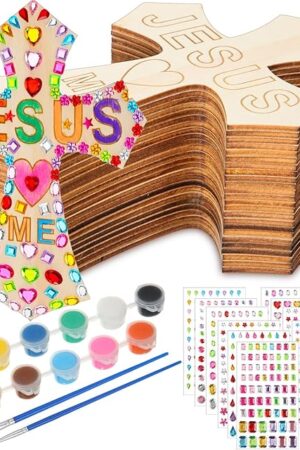 The PullCrease DIY Wood Cross Crafts for Kids Religious Craft Kit Sunday School Vacation Bible School Supplies 24 Pack Wooden Cross with Stickers 1 Set Paint(Stylish Style)