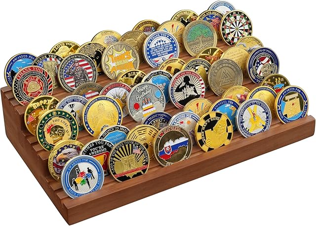 The Challenge Coin Holder, 9 Rows Solid Wood Military Coin Display Stand Holds 60 Coins, Army Coin Rack Display Case for Desk Display