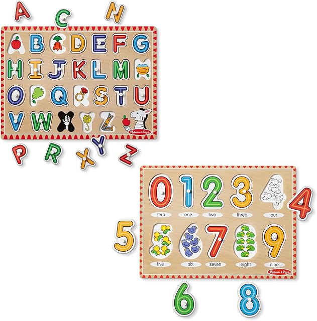 The Melissa & Doug Wooden Lift & See Peg Puzzle Early Learning 2-Pack for Girls and Boys – Alphabet, Numbers