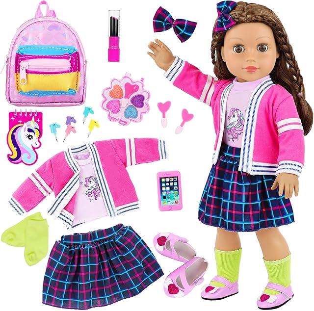 The K.T. Fancy 18 Inch Doll British Style Fashion Set 14 PCS Clothes & Accessory Collection with School Bag, Unicorn Stationery,Makeup Tools for 18" Dolls