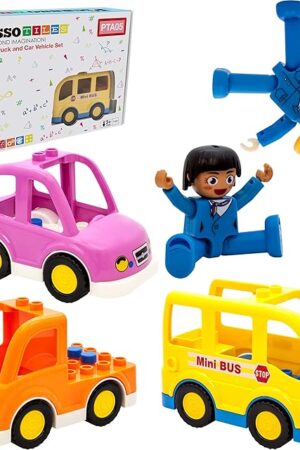 The PicassoTiles Magnetic Figures 5 Piece Vehicle and Action Figure Set Including School Bus, Car, Truck and 2 Drivers Magnet Expansion Pack Toddler Toy Kit Pretend Playset for Construction Building Block