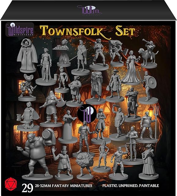 The Wildspire 29 Whimsical Townsfolk Fantasy Set for DND Miniatures Dungeons Dragons Starter Pack D&D Minis Tabletop Unpainted NPC Bulk Set of Paintable Figures for D D Accessories and Pathfinder