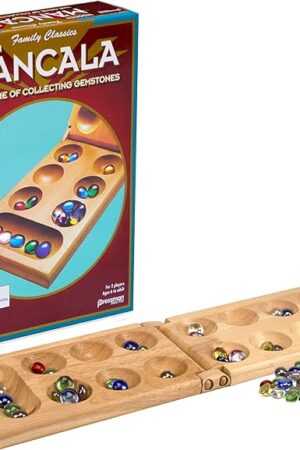 The Pressman Mancala Board Game | Fun Classic Table for Adults & Kids | Includes 48 Glass Mancala Stones and Wood Hinged Playing Board | 2 Players, Ages 6+