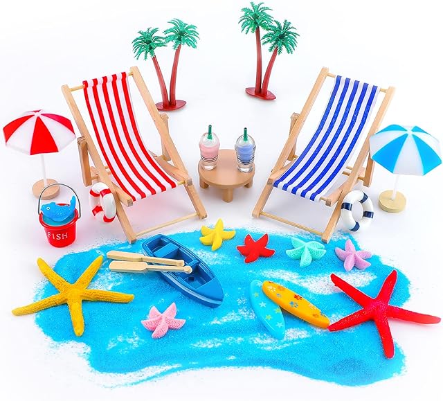 The Minatee 25 Pcs Beach Miniature Dollhouse Decoration, Umbrella Palm Chair Miniature Toys Garden Dollhouse Outdoor Accessories Beach Decorations for DIY Garden Plant Pool(Red, Blue)