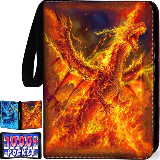 The 1008 Card Binder 9 Pocket, 3-Ring Trading Card Binder with 56 Page Removable Sleeves, High Storage Waterproof Trading Card Holder Collection Card Album Carrying Organizer Case for MTG TCG Cards -Fire
