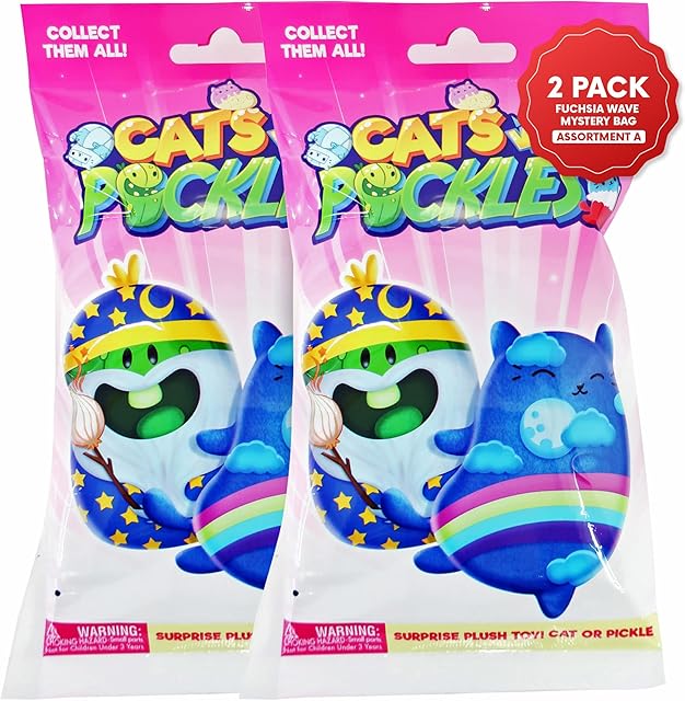 The Cats vs Pickles 2pk Mystery Bags Fuchsia Wave Bean Filled Plushies - Stocking Stuffers - Blind Bags for Girls and for Boys - Sensory Friendly Surprise Bean Collectibles for Kids & Adults - 2-Pack