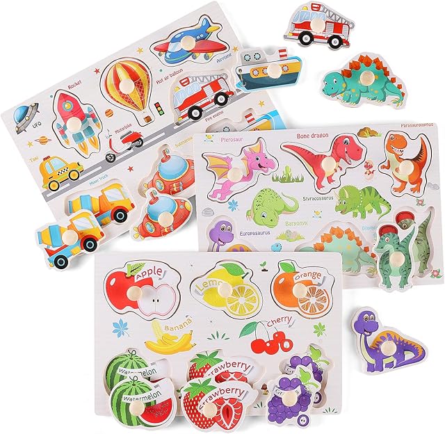 The Wooden Peg Puzzles for Toddlers 1-3, Kids' Educational Preschool Peg Puzzle Toy, Set of 3 Toddler Puzzles - Traffic, Dinosaur, and Fruit, Ideal Gift for Ages 1 2 3 Boys and Girls