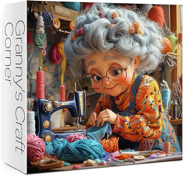 The Grandma Sewing Machine Puzzles for Adults 1000 Pieces. Cute Granny Cozy Time Jigsaw Puzzles. Challenging Family Art Puzzles