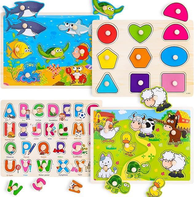 The Wooden Peg Puzzles for Toddlers 2 3 4 Year Old, 4 Pack Montessori Toys Preschool Learning Puzzles for Toddlers 1-3 with Animals, Shapes, Alphabet, Wooden Toddler Toys Gifts for Kids Boys Girls