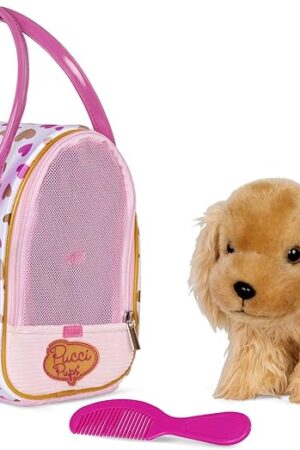 The Pucci Pups – Plush Puppy – Dog Carrier – Toy Cocker Spaniel – Pink & Golden Heart Print Bag & Cocker Spaniel and Comb– Stuffed Animal – 3+ Years