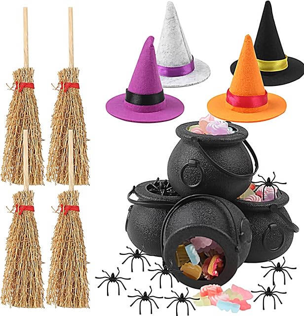 The FOIMAS 37pcs Mini Witch Hats Black Candy Cauldron and Witch Brooms for Halloween Dollhouse Craft Accessories Table Decoration Supply