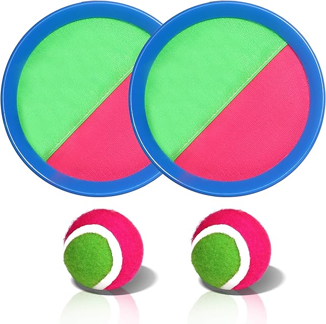 The Novelty Place Toss and Catch Ball Set - Paddle toss Ball Toy Throw and Catch Game - Ball Catching Outdoor Sports Fun for Kids - 2 Self Stick Paddles, 2 Fuzzy Balls & A Storage Bag