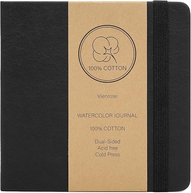 The Vienrose Watercolor Sketchbook, 5.5"x5.5" Watercolor Journal with 24 Sheets 48 Pages 140 LB (300 GSM) Cotton Watercolor Paper, Black Leather Cover Water Coloring Sketch Book As Travel Notebook