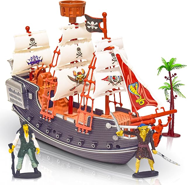 The ArtCreativity 10 Inch Pirate Boat Playset, Detailed Ship Toy with 2 Pirate Action Figures & Tree, Fun Party Favor and Prize for Boys & Girls Ages 3+