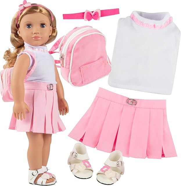 The 5pc Casual School 18" Doll Outfit w Pink Backpack- Compatible w American Girl- Premium Handmade Pink Preppy Clothes & Accessories Set Includes Shirt, Skirt, Shoes, Functional Backpack, & Hairband