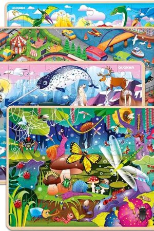 The QUOKKA Wooden Puzzles for Kids Ages 4-6 – 4 x 60 Piece Kids Puzzles Ages 4-8-10 Year Olds by QUOKKA - Jigsaw Learning Game with Animals Dinosaurs City for 3-5 yo Wood Toys for Boys and Girls