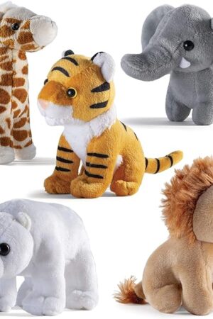 The PREXTEX Safari Friends Stuffed Animal Gift Set - 5 Small Plush (Giraffe, Tiger, Lion, Polar Bear, Elephant) Zoo Animals - Machine Washable Stuffed Animals for Boys & Girls Ages 3-5+