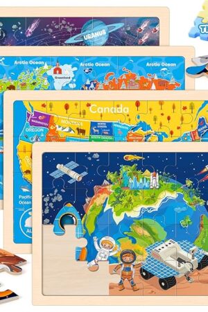 The Puzzles for Kids Ages 4-6, 4 Packs 24 Pcs Wooden Jigsaw Puzzles for Toddlers Ages 2-4, Preschool Educational Map Puzzle Toys Gifts for 3 4 5 6 Boys Girls