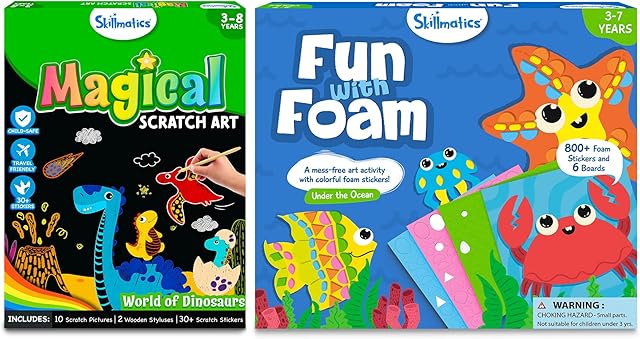 The Skillmatics Magical Scratch Art Book Dinosaurs Theme & Fun with Foam with Underwater Animals Theme Bundle, Art & Craft Kits, DIY Activities for Kids