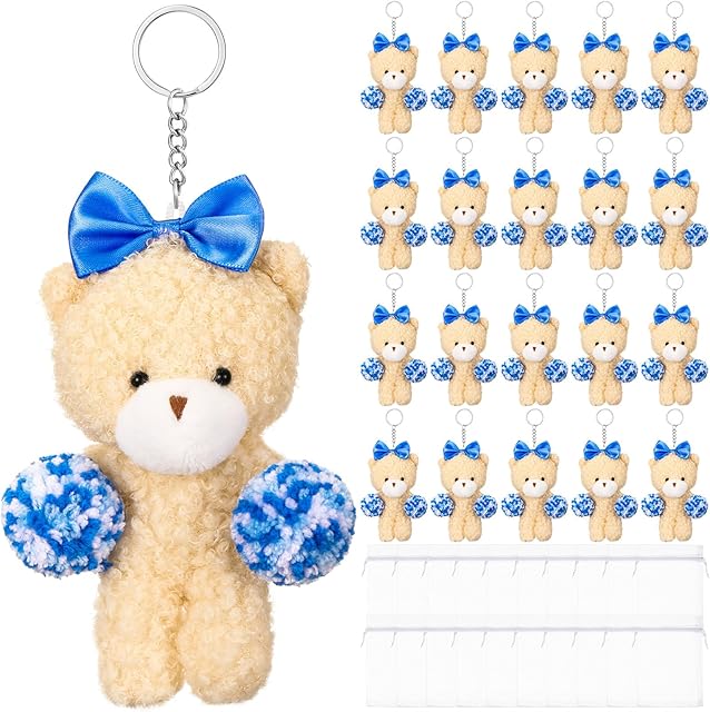 The 20 Sets Mini Bear Stuffed Animals Cheer Gifts Bulk Bear Keychains Soft Plush with White Organza Bags for Cheer Team Gift