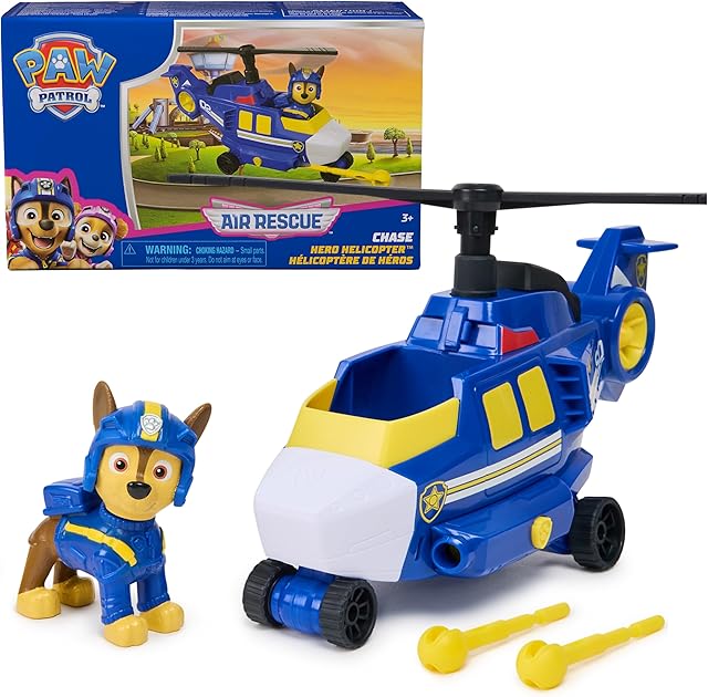 The PAW Patrol: Air Rescue Chase Action Figure & Hero Helicopter Toy with Projectile Launcher & 2 Projectiles, Kids Toys for Boys & Girls Ages 3+