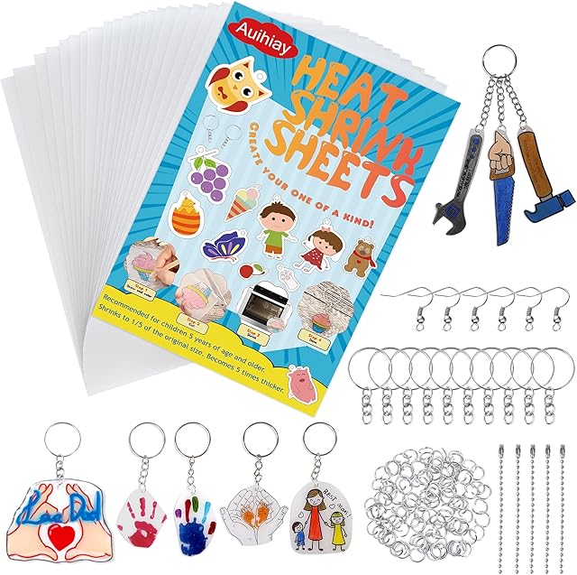The Auihiay 145 Pieces Shrink Plastic Sheet Kit Include 20 PCS Shrinky Paper with 125 PCS Keychains Accessories for Kids Creative Craft, Easter Mother Day Ornament