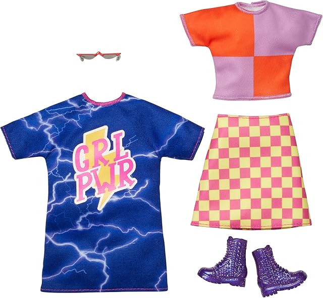 The Barbie Fashions 2-Pack Clothing Set, 2 Outfits Doll Include Color-Blocked Shirt with Checkered Skirt, “GRL PWR? Dress & 2 Accessories