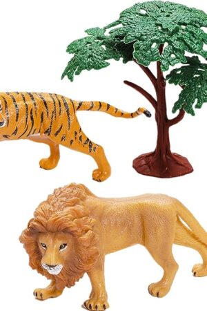 The Qiandier Realistic Lion Figurines with Tiger Figures Toys Wild Animals Model Includes Plastic Tree