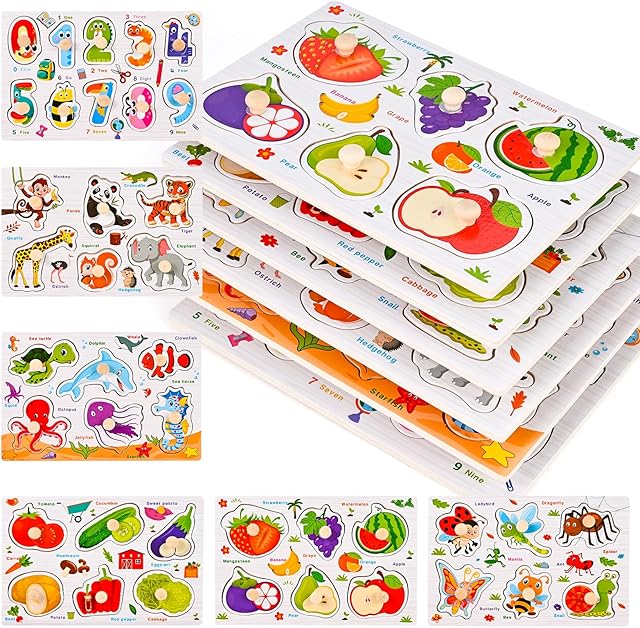 The Wooden Peg Puzzles for Toddlers 1-3, 6 PCS Puzzles for Kids, Montessori Toddler Numbers, Vegetables, Fruits, Insects, Sea and Animals Puzzles, Great Preschool Gifts for Girls and Boys