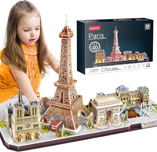 The CubicFun 3D Puzzle LED Paris Cityline, 115 Pieces, 1 Count, Ages 8-12, Modern Style, Unisex, Gray, Intermediate Skill, Patience Skill, 15.748 x 4 x 12.87 inches, Assembly & Disassembly, PUZZLES - Sextoyzone