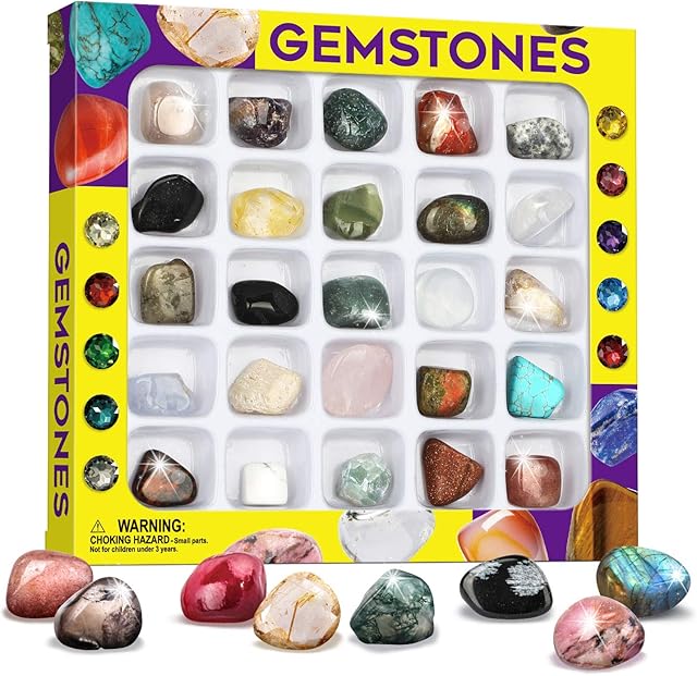 The XXTOYS Rocks Collection 25PCS Rock and Mineral Education Set Gemstones for Kids Geology Gem Kit with Healing Chakra Gemstones, Tumbled Stones and More Identification Guide STEM Science Education