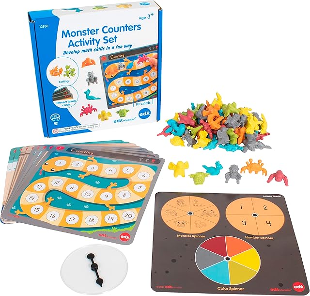 The edxeducation Monster Counters Activity Set - Set of 36-10 Double-Sided Activity Boards - 3 Difficulty Levels - Learn Counting, Colors, Sorting and More