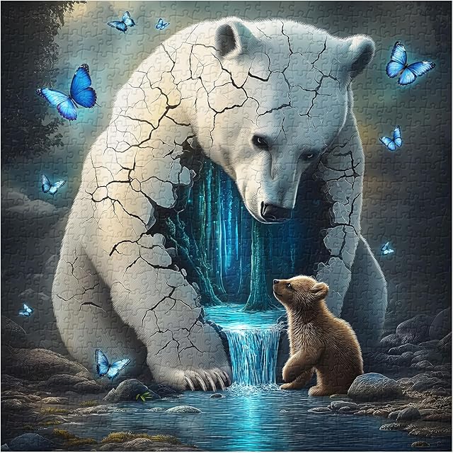 The Animal Bear Puzzles for Adults 1000 Pieces, Fantasy Bears Butterfly Waterfall Jigsaw Puzzles, Nature Forest Wildlife Puzzle as Home Decor