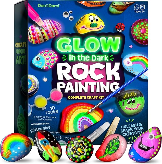 The Dan&Darci Kids Rock Painting Kit - Glow in The Dark - Arts & Crafts Gifts for Boys and Girls Ages 6-12 - Craft Activities Kits - Creative Art Toys for 6, 7, 8, 9, 10, 11 & 12 Year Old Kid