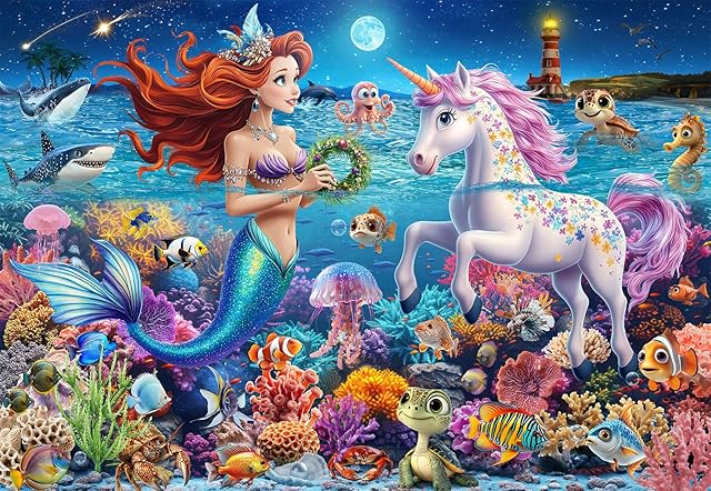The 100 Piece Puzzles for Kids Ages 4-6-8, Mermaid and Unicorn Puzzles 100 Pieces for Kids, Underwater Scene Jigsaw Puzzle for Children Learning Educational Toys Gifts for Girls Boys