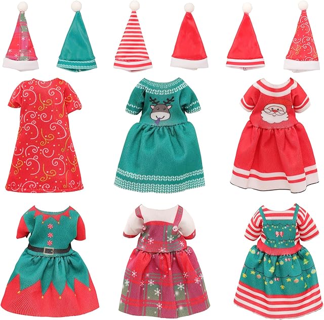 The Miunana 6 Dresses for 5.3 Inch Girl Doll Christmas Clothes Dress Outfits and Christmas Hats for 11.5 Inch Girl Doll Sister 4'' Mini Doll Clothes and Accessories