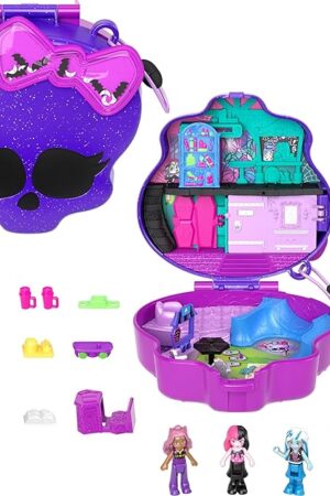 The Polly Pocket Monster High Playset with 3 Micro Dolls & 10 Accessories, Opens to High School, Collectible Travel Toy with Storage