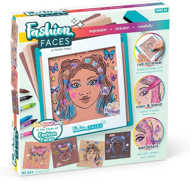 The Fashion Faces Mix & Match Fashion Designer Kit for Girls, Kids Arts & Crafts Ages 6+, Girls’ Fashion Hair & Makeup Looks, Gifts for 6 Year Old Girl, Toys for Girls, Little Girl Gifts, Fashion Plates