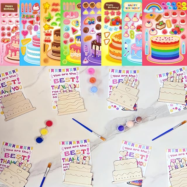 The CORTUNARIO Birthday Party Favors - 12 PCS Birthday Craft Kits for Kids - Birthday Wood Painting Kits & Birthday Cake Stickers - Birthday Goodie Bag Stuffers Exchange Gifts Classroom Prizes