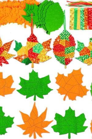 The QOUBAI 24 Sets Fall Foil Fun Arts Crafts for Kids Game Felt Maple Leaves Crafts Ornament Kit No Mess DIY Foil Painting Creative Activity Travel Birthday Gift for Boy Girl Autumn Classroom Party Decor