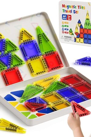 The Portable Magnetic Tiles for Kids Travel - 40pcs STEM Building Blocks with Visual Storage Guide & Metal Box Play Base, Toddler Airplane Activities Toys for Ages 3-5,4-8, Compact Travel Toys