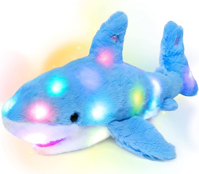 The Hopearl LED Plush Shark Lighting Up Stuffed Animal Floppy Night Lights Glow in The Dark Birthday Festival for Kids Toddler Girls, Blue, 16''
