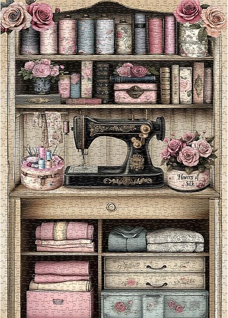 The Sewing Machine Puzzle for Adults, PICKFORU Vintage Sewing Room Flower Jigsaw Puzzle, Book Floral Retro Puzzle 1000 Pieces Challenge