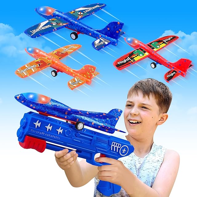 The 3 Pack Airplane Launcher Toys, 2 Flight Modes LED Foam Glider Catapult Plane, Outdoor Flying Toy for Kids, Birthday Gifts for Boy Girl 6+ Year Old, B-Day Party Supplies