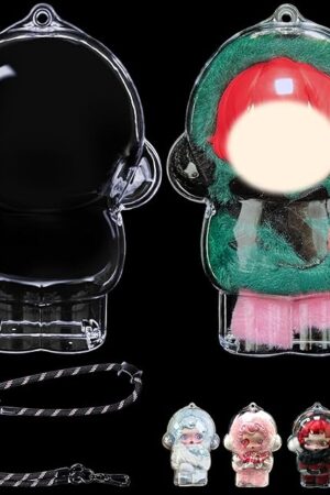 The Protective Case for SKULLPANDA Winter Symphony Series Doll,Clear Plastic Display Standing Style Protective Cover PVC Bag Hanging Model Box with Keychain